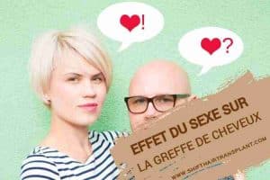 Effet sexuel sur la greffe de cheveux, Couple sur un homme chauve de fond vert clair et blonde femme pensant.